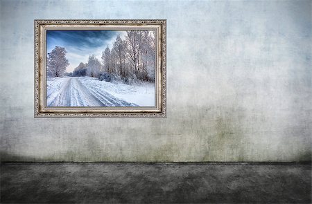 simsearch:400-06860484,k - Old wooden frame with beautiful winter landscape on dirty wall. There is no copyright infringement, photo inside is my property. Stock Photo - Budget Royalty-Free & Subscription, Code: 400-08074515