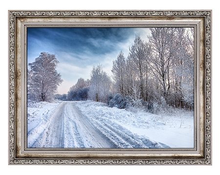 simsearch:400-06860484,k - Old wooden frame with beautiful winter landscape isolated on white background. Photo inside is my property Stock Photo - Budget Royalty-Free & Subscription, Code: 400-08074516