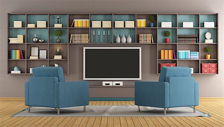 simsearch:400-07513835,k - Modern lounge with wall unit,television and two blue armchair - 3D Rendering Foto de stock - Super Valor sin royalties y Suscripción, Código: 400-08074994