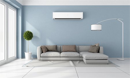 Blue living room with  gray sofa and air conditioner on wall - 3D Rendering Stock Photo - Budget Royalty-Free & Subscription, Code: 400-08075525