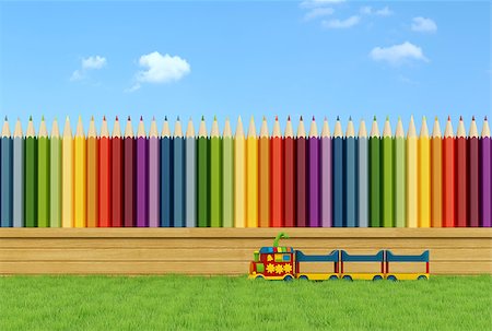 photo picket garden - Garden for children with toy train on the grass and fence with colorful pencils - 3D Rendering Stock Photo - Budget Royalty-Free & Subscription, Code: 400-08075522