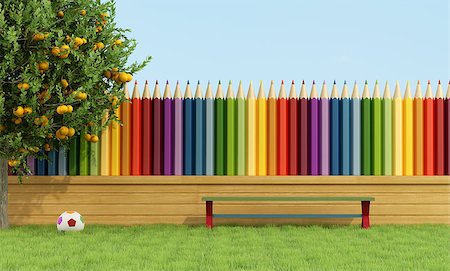 photo picket garden - Garden for children with bench on the grass and fence with colorful pencils - 3D Rendering Stock Photo - Budget Royalty-Free & Subscription, Code: 400-08075711