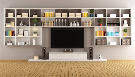 simsearch:400-07513835,k - Modern living room with  large bookcase and television - 3D Rendering Foto de stock - Super Valor sin royalties y Suscripción, Código: 400-08075861