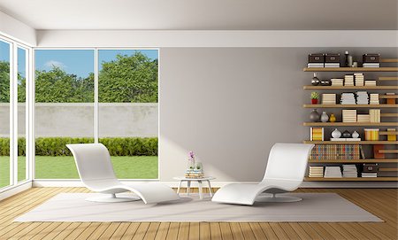 simsearch:400-07513835,k - Modern Living room with two white chaiselounge and wooden bookcase - 3D Rendering Foto de stock - Super Valor sin royalties y Suscripción, Código: 400-08078055