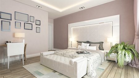 simsearch:400-05722094,k - modern bedroom design with pink wall, plant and frames by Sedat SEVEN Stock Photo - Budget Royalty-Free & Subscription, Code: 400-08072858