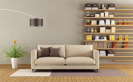simsearch:400-07513835,k - Contemporary living room with sofa and minimalist bookcase - 3D Rendering Foto de stock - Super Valor sin royalties y Suscripción, Código: 400-08073132