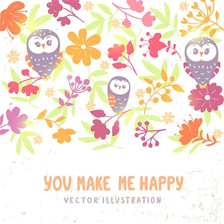 simsearch:400-07995476,k - Beautiful wallpaper with flowers and cute owls with place for text Stock Photo - Budget Royalty-Free & Subscription, Code: 400-08094736