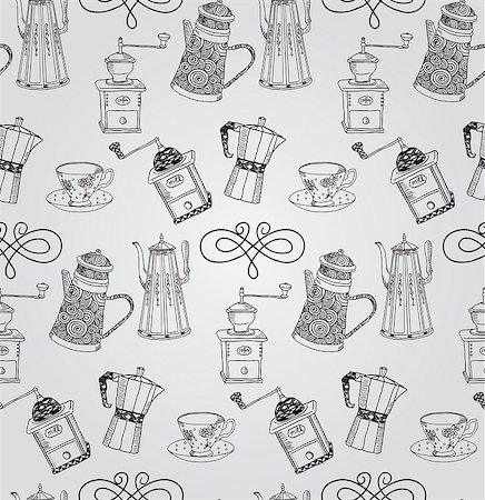 Vintage Seamless Hand Sketched Doodle Pattern with Teapots and Coffee Mills. Vector Illustration with Swatches. Transparent Background Stock Photo - Budget Royalty-Free & Subscription, Code: 400-08095064