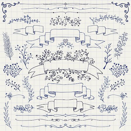 Hand Drawn Doodle Design Elements. Decorative Floral Banners, Dividers, Branches, Ribbons. Pen Drawing. Notebook Paper Texture. Vintage Vector Illustration. Stock Photo - Budget Royalty-Free & Subscription, Code: 400-08096072