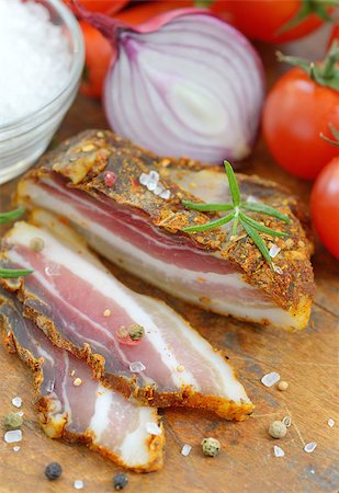 simsearch:400-04885499,k - Smoked bacon and vegetables on wood table Stock Photo - Budget Royalty-Free & Subscription, Code: 400-08097005