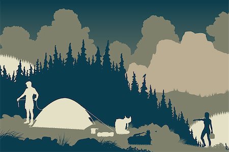 EPS8 editable vector illustration of a couple setting up camp in a wilderness area Stock Photo - Budget Royalty-Free & Subscription, Code: 400-08097940