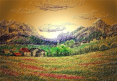 Alpine lawn with a carpet of flowers. In the background the mountains, at the foot of the village is located. Corel Painter. Photographie de stock - Aubaine LD & Abonnement, Code: 400-08108674