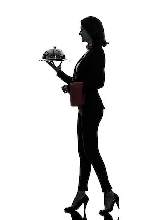 one  woman waiter butler serving dinner with catering dome in silhouette on white background Stock Photo - Budget Royalty-Free & Subscription, Code: 400-08109977