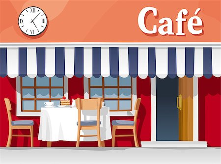 simsearch:400-08786053,k - Small street cafe with striped awning, with table and chairs, cups, plates, cake and coffee Stock Photo - Budget Royalty-Free & Subscription, Code: 400-08111414