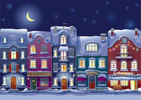 Old historical houses, shops and cafe at the snow-covered city street at midnight Stock Photo - Budget Royalty-Free & Subscription, Code: 400-08111415