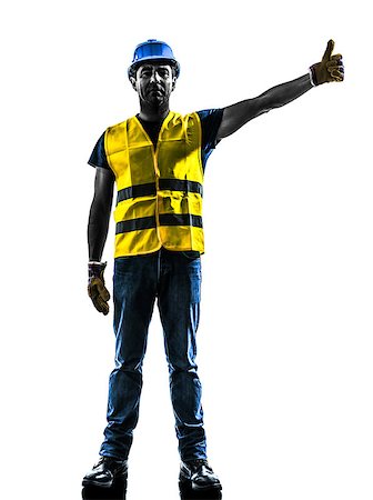 one construction worker signaling with safety vest raise boom silhouette isolated in white background Stock Photo - Budget Royalty-Free & Subscription, Code: 400-08112537