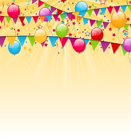 simsearch:400-06628533,k - Illustration holiday background with colorful balloons, hanging flags and confetti - vector Stock Photo - Budget Royalty-Free & Subscription, Code: 400-08113369
