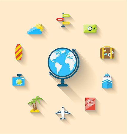 Illustration flat set icons of globe and journey vacation, simple style with long shadow - vector Stock Photo - Budget Royalty-Free & Subscription, Code: 400-08113377