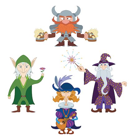 Fantasy Heroes Resting and Having Fun, Elf with Flower, Dwarf with Beer Mugs, Wizard with Fireworks and Cavalier Playing on Mandolin, Funny Comic Cartoon Characters Set. Vector Stock Photo - Budget Royalty-Free & Subscription, Code: 400-08134645