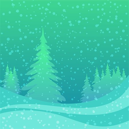 Christmas fairy landscape, background for holiday design, winter forest with fir trees, green snow and sky and confetti. Vector eps10, contains transparencies Stock Photo - Budget Royalty-Free & Subscription, Code: 400-08134941