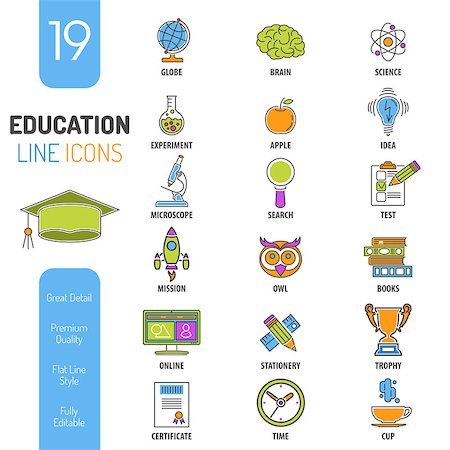 Online Education Thin Lines Color Web Icon Set for Flyer, Poster, Web Site Like mortarboard, books, brain and trophy Stock Photo - Budget Royalty-Free & Subscription, Code: 400-08138742