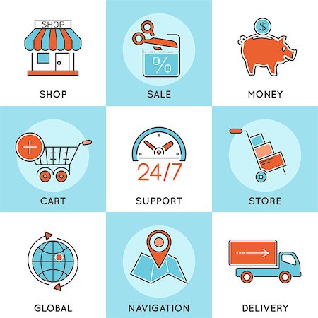 shopping cart icon - Online Shopping Thin Lines Color Web Icon Set with Flat elements for Flyer, Poster, Web Site Like Shop, Delivery, Marketing, Support, Cart, Sale Stock Photo - Budget Royalty-Free & Subscription, Code: 400-08138750