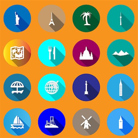 simsearch:400-07096057,k - Flat icons for travel to world landmarks. flat icons with long shadows on a red background Stock Photo - Budget Royalty-Free & Subscription, Code: 400-08156888