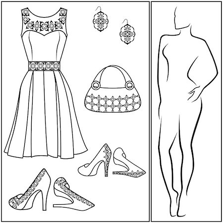 simsearch:400-07218273,k - Accessories on different things: dress, shoes, handbag and earring and abstract female outline along, vector illustration Stock Photo - Budget Royalty-Free & Subscription, Code: 400-08159788
