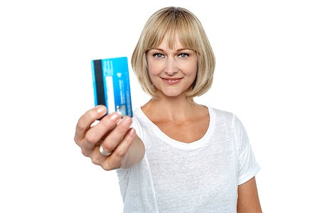 simsearch:400-06858518,k - Its time to shop with my credit card. Woman displaying her card to camera. Stock Photo - Budget Royalty-Free & Subscription, Code: 400-08151441