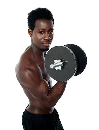 simsearch:400-06482604,k - Muscular african guy doing biceps exercise isolated over white Stock Photo - Budget Royalty-Free & Subscription, Code: 400-08152924