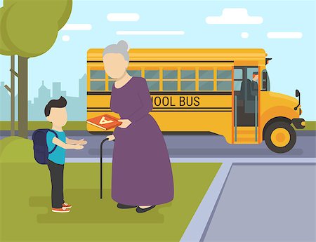 parent child bus - Flat illustration of grandmother giving an alphabet to her grandson and school bus behind them Stock Photo - Budget Royalty-Free & Subscription, Code: 400-08164213
