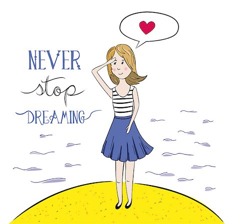 simsearch:400-08551668,k - .Never Stop Dreaming. Hand drawn typography poster or greetings card with a girl dreaming about love. Foto de stock - Super Valor sin royalties y Suscripción, Código: 400-08165717