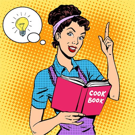 Ideas cookbook housewife recipe. Food cooking tutorial woman pop art retro style Stock Photo - Budget Royalty-Free & Subscription, Code: 400-08166027