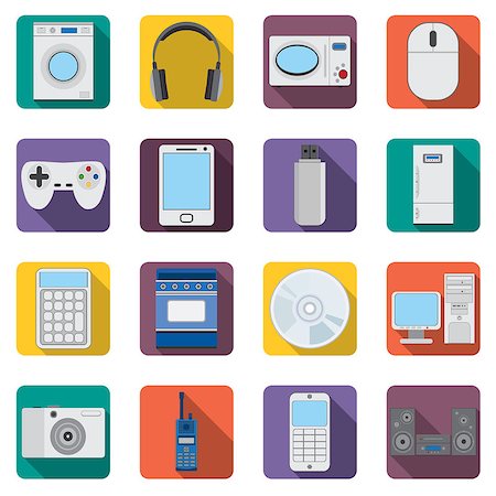 simsearch:400-04790475,k - Set of flat home appliances and electronic devices icons. Washer and fridge, mobile and computer, camera and stereo. Also available as a Vector in Adobe illustrator EPS 8 format, compressed in a zip file. Stock Photo - Budget Royalty-Free & Subscription, Code: 400-08166697