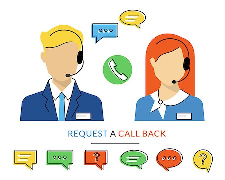 Female and male call centre operator with headset. Flat contour moderm style Stock Photo - Budget Royalty-Free & Subscription, Code: 400-08166725