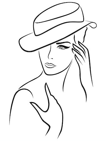 Elegant young woman in a hat, hand drawing black outline on a white background Stock Photo - Budget Royalty-Free & Subscription, Code: 400-08166845