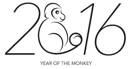 2016 Chines Lunar New Year of the Monkey Black and White Line Art with Text and Year Numerals Illustration Foto de stock - Super Valor sin royalties y Suscripción, Código: 400-08160137
