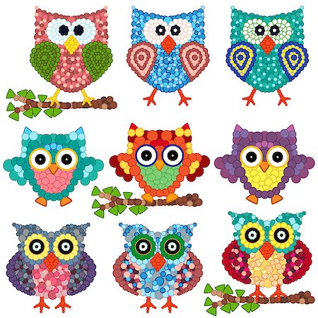 simsearch:400-07745600,k - Set of nine colorful ornamental owls with circle elements isolated over white background, cartoon vector illustration Stock Photo - Budget Royalty-Free & Subscription, Code: 400-08162329