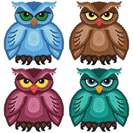 simsearch:400-07745600,k - Set of four funny ornamental owls with circle elements isolated over white background, cartoon vector illustration Stock Photo - Budget Royalty-Free & Subscription, Code: 400-08162627