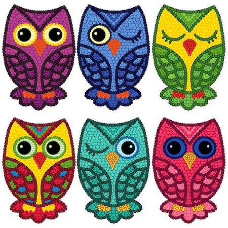 simsearch:400-07745600,k - Set of six motley funny owls with circle elements isolated over white background, cartoon vector illustration Stock Photo - Budget Royalty-Free & Subscription, Code: 400-08162628