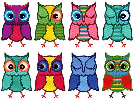 simsearch:400-07745600,k - Set of eight motley amusing owls with circle elements isolated over white background, cartoon vector illustration Stock Photo - Budget Royalty-Free & Subscription, Code: 400-08162713