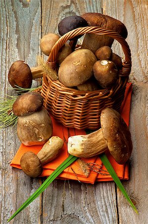 simsearch:400-05738552,k - Arrangement of Fresh Raw Boletus Mushrooms with Stems and Grass in Wicker Basket on Orange Napkin closeup on Rustic Wooden background Stock Photo - Budget Royalty-Free & Subscription, Code: 400-08162720