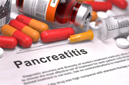 Pancreatitis - Printed Diagnosis with Blurred Text. On Background of Medicaments Composition - Red Pills, Injections and Syringe. Stock Photo - Budget Royalty-Free & Subscription, Code: 400-08187694