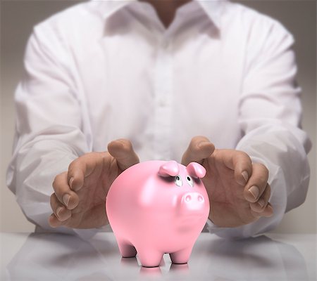 Man hands protect piggy bank. Finance concept illustration of savings or good credit. Stock Photo - Budget Royalty-Free & Subscription, Code: 400-08188374