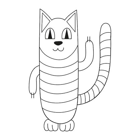 simsearch:400-08189024,k - Cartoon kitty, vector illustration of funny cute striped cat, cat smiling and dancing, coloring book page for children Photographie de stock - Aubaine LD & Abonnement, Code: 400-08189022