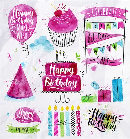 Set of birthday element drawing watercolor on crumpled paper Stock Photo - Budget Royalty-Free & Subscription, Code: 400-08189125