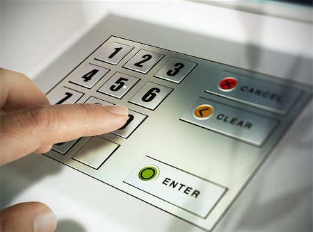 simsearch:400-05670021,k - Finger about to press a pin code on a pad. Security code on an Automated Teller Machine, ATM Stock Photo - Budget Royalty-Free & Subscription, Code: 400-08189486