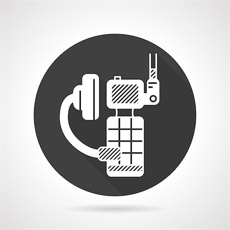 Single black round flat design vector icon with white silhouette portable radio system with headphone for outdoor sports and security on gray background. Stock Photo - Budget Royalty-Free & Subscription, Code: 400-08189917