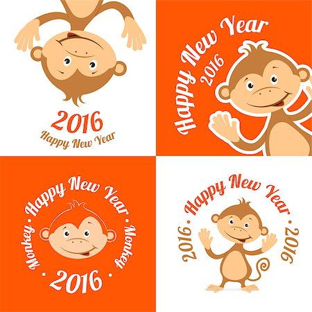 simsearch:400-04394183,k - Set of funny cartoon monkey is flat. The symbol of the new year on a white background and an orange background. Vector illustration. Stock Photo - Budget Royalty-Free & Subscription, Code: 400-08194319