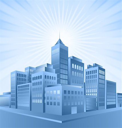 Blue city buildings with sunburst effect in the background Stock Photo - Budget Royalty-Free & Subscription, Code: 400-08194328